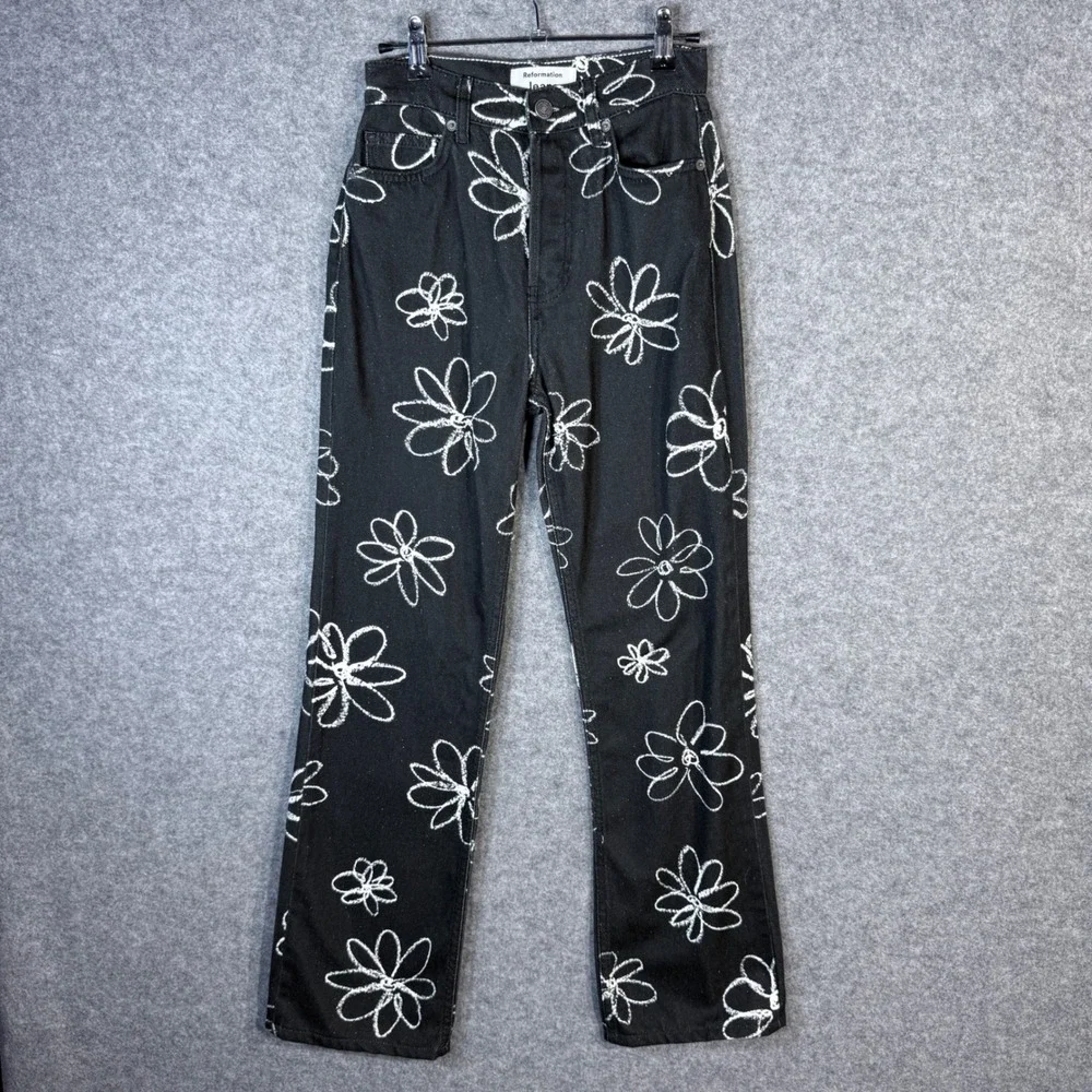 Reformation‎ Jeans 23 Daisy High Rise Straight Long Floral Black Denim